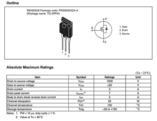 瑞萨2SK2225参数1500V2A 瑞萨2SK2225参数1500V2A