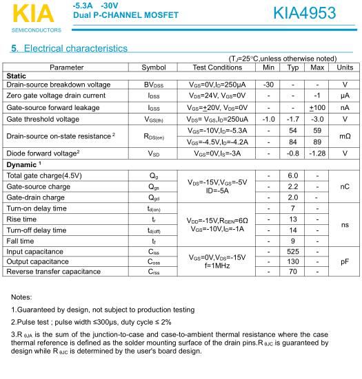 双P沟道MOSFET KIA4953 -5.3A-30V 双P沟道MOSFET KIA4953 -5.3A-30V